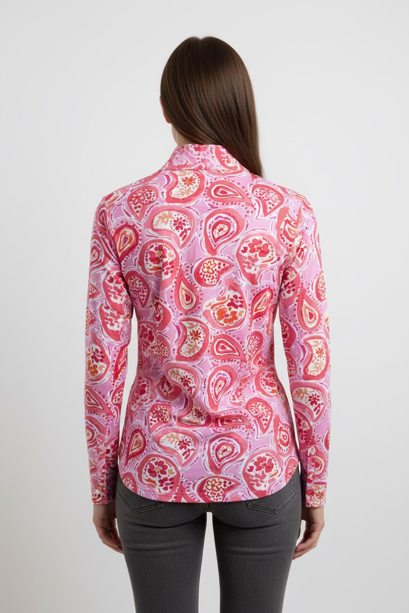 IBKUL Paisley Rose Long Sleeve Zip Polo Top - Light Pink - Skorzie