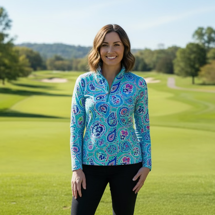 IBKUL Paisley Rose Long Sleeve Zip Polo Top - Blue Breeze - Skorzie