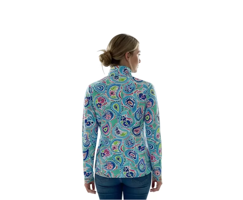 IBKUL Paisley Rose Long Sleeve Zip Polo Top - Blue Breeze - Skorzie