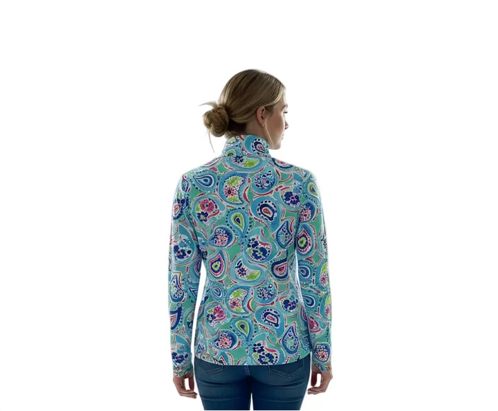 IBKUL Paisley Rose Long Sleeve Zip Polo Top - Blue Breeze - Skorzie
