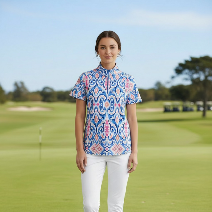IBKUL Cosmic Swirl Short Sleeve Zip Polo Top - Periwinkle Blue/Light Pink - Skorzie