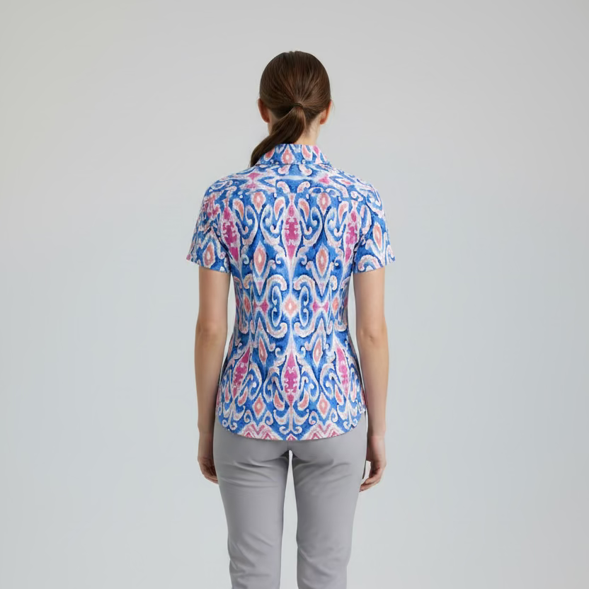 IBKUL Cosmic Swirl Short Sleeve Zip Polo Top - Periwinkle Blue/Light Pink - Skorzie