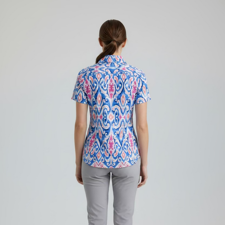 IBKUL Cosmic Swirl Short Sleeve Zip Polo Top - Periwinkle Blue/Light Pink - Skorzie