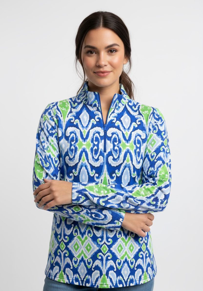 IBKUL Cosmic Swirl Long Sleeve Zip Polo Top - Sky Blue/Garden Green - Skorzie