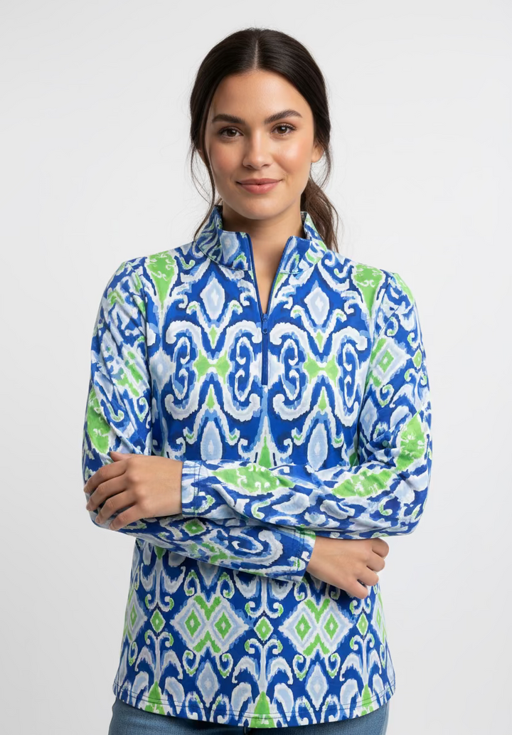 IBKUL Cosmic Swirl Long Sleeve Zip Polo Top - Sky Blue/Garden Green - Skorzie