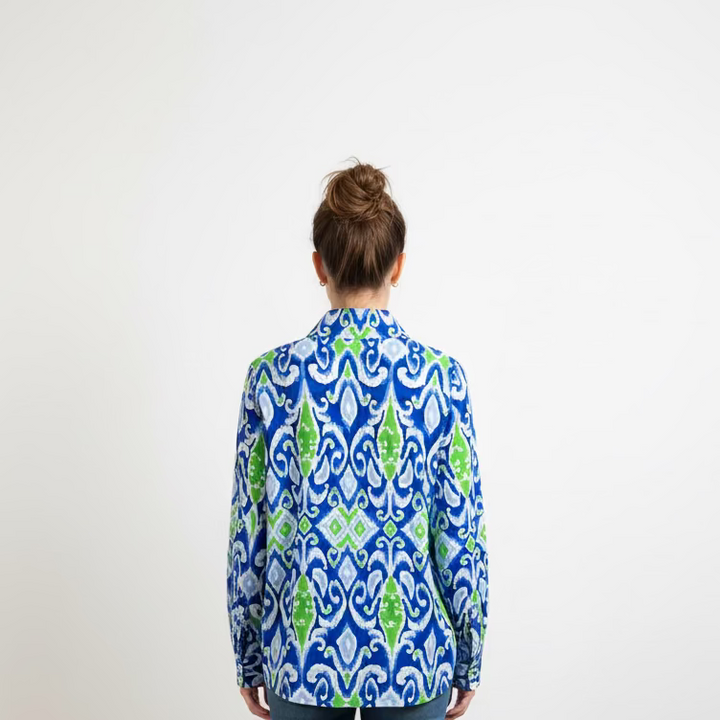 IBKUL Cosmic Swirl Long Sleeve Zip Polo Top - Sky Blue/Garden Green - Skorzie