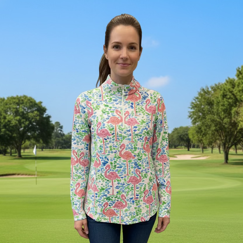 IBKUL Flamingo Fun Long Sleeve Zip Polo Top - Light Blue/Green - Skorzie