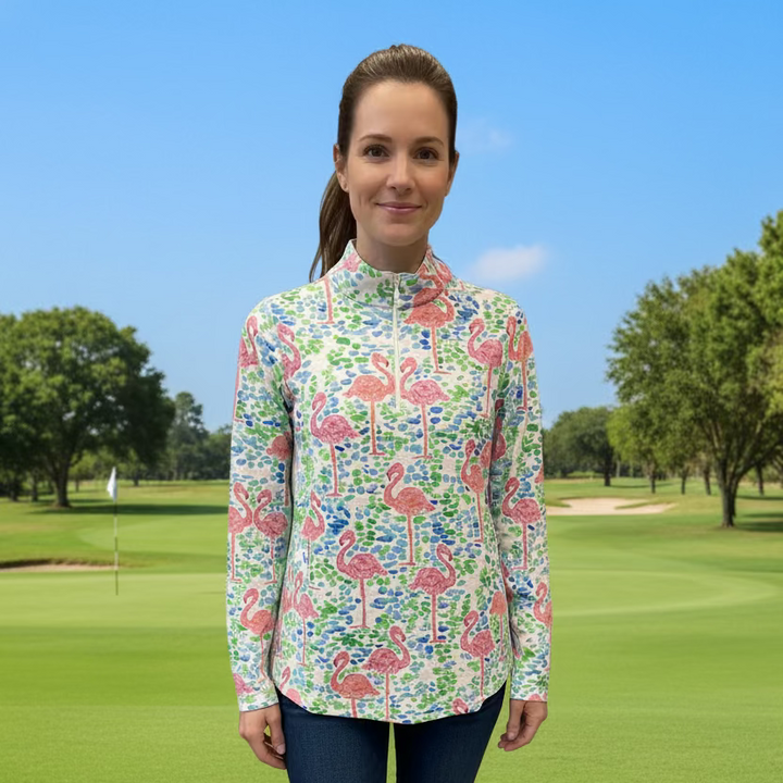 IBKUL Flamingo Fun Long Sleeve Zip Polo Top - Light Blue/Green - Skorzie