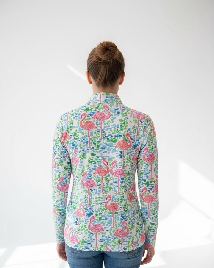 IBKUL Flamingo Fun Long Sleeve Zip Polo Top - Light Blue/Green - Skorzie