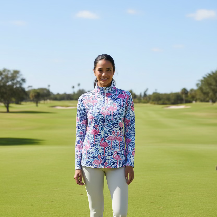 IBKUL Flamingo Fun Long Sleeve Zip Polo Top - Blue Breeze - Skorzie