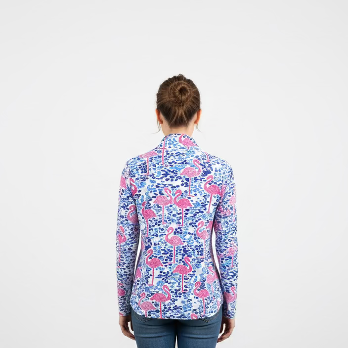 IBKUL Flamingo Fun Long Sleeve Zip Polo Top - Blue Breeze - Skorzie