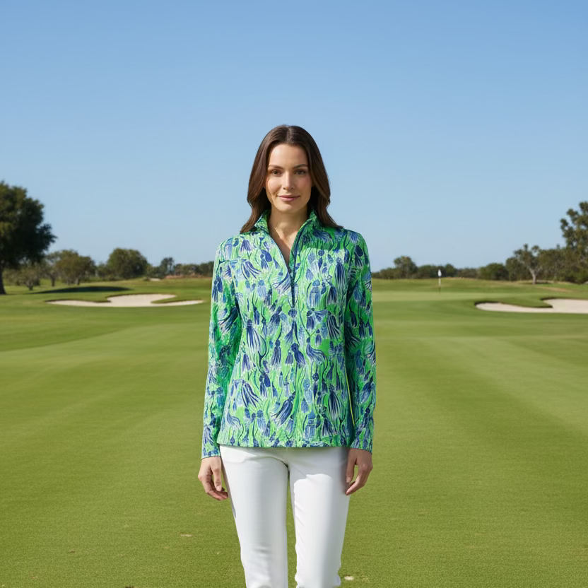 IBKUL Tassel Long Sleeve Zip Polo Top - Emerald Green/Sky Blue - Skorzie
