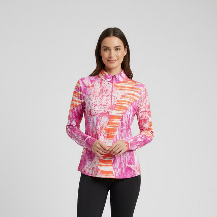 IBKUL Confetti Long Sleeve Zip Polo - Party Pink/Tangerine - Skorzie