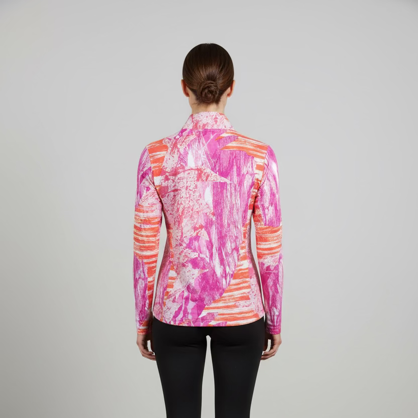 IBKUL Confetti Long Sleeve Zip Polo - Party Pink/Tangerine - Skorzie