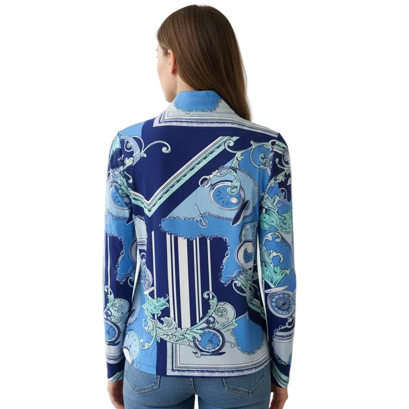 IBKUL Tick Tock Long Sleeve Zip Polo Top - Sky Blue/Jade - Skorzie
