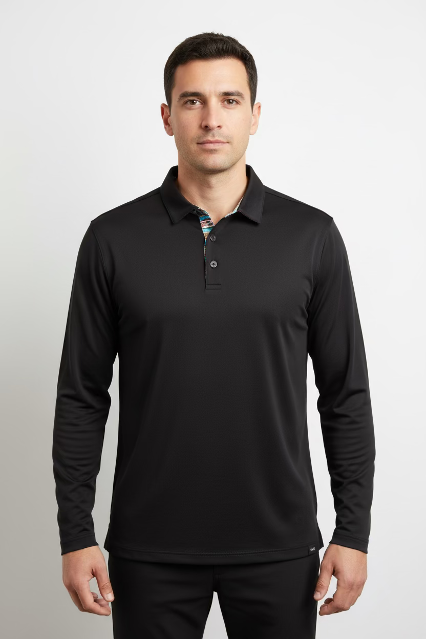IBKUL Mens Long Sleeve Polo - Black Onyx - Skorzie