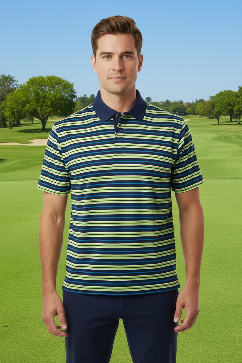 IBKUL Mens Short Sleeve Striped Polo - Navy Ink/Grass Green - Skorzie