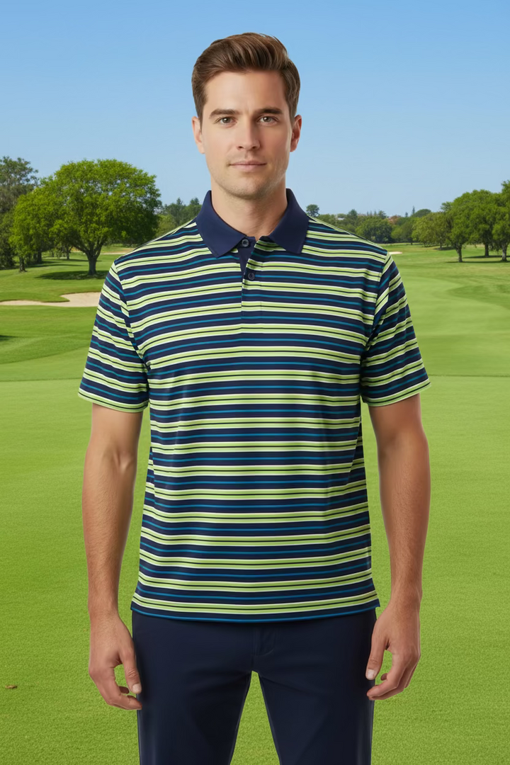 IBKUL Mens Short Sleeve Striped Polo - Navy Ink/Grass Green - Skorzie