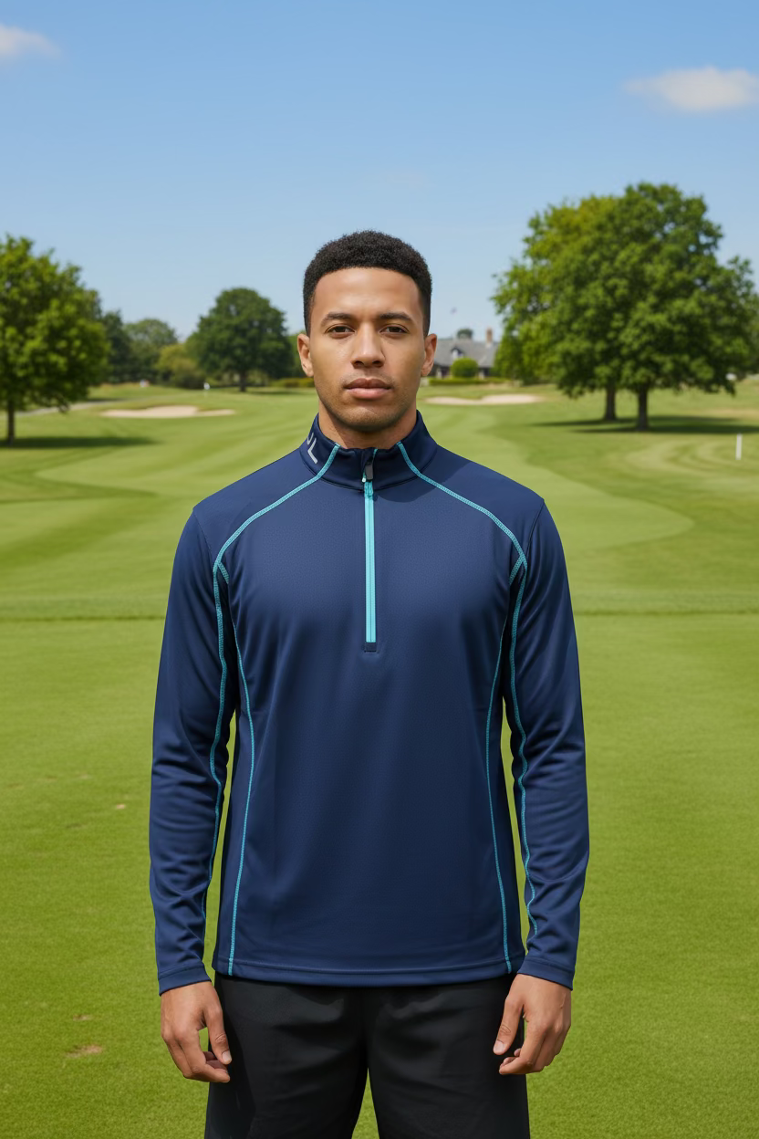IBKUL Mens Long Sleeve Zip Pullover - Navy Ink/Malibu Blue - Skorzie