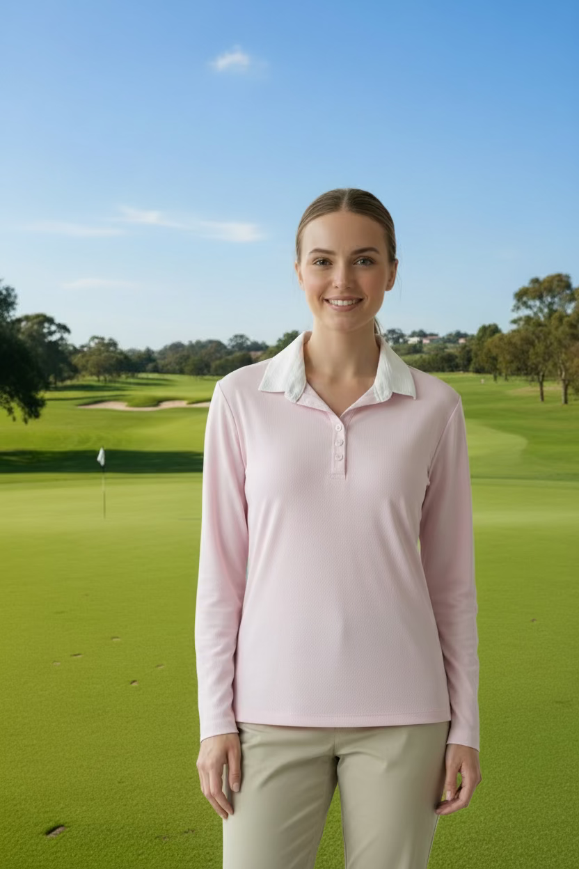 Dunning Golf Performance Long Sleeve Button Polo - Dust Pink/White - Skorzie
