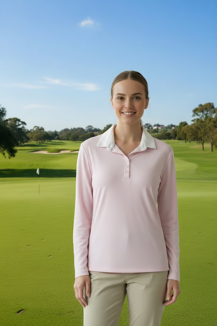 Dunning Golf Performance Long Sleeve Button Polo - Dust Pink/White - Skorzie