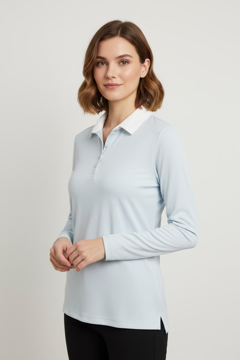 Dunning Golf Performance Long Sleeve Button Polo - Sailing Blue/White - Skorzie