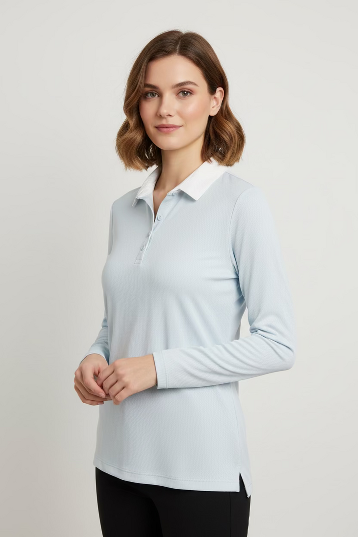 Dunning Golf Performance Long Sleeve Button Polo - Sailing Blue/White - Skorzie