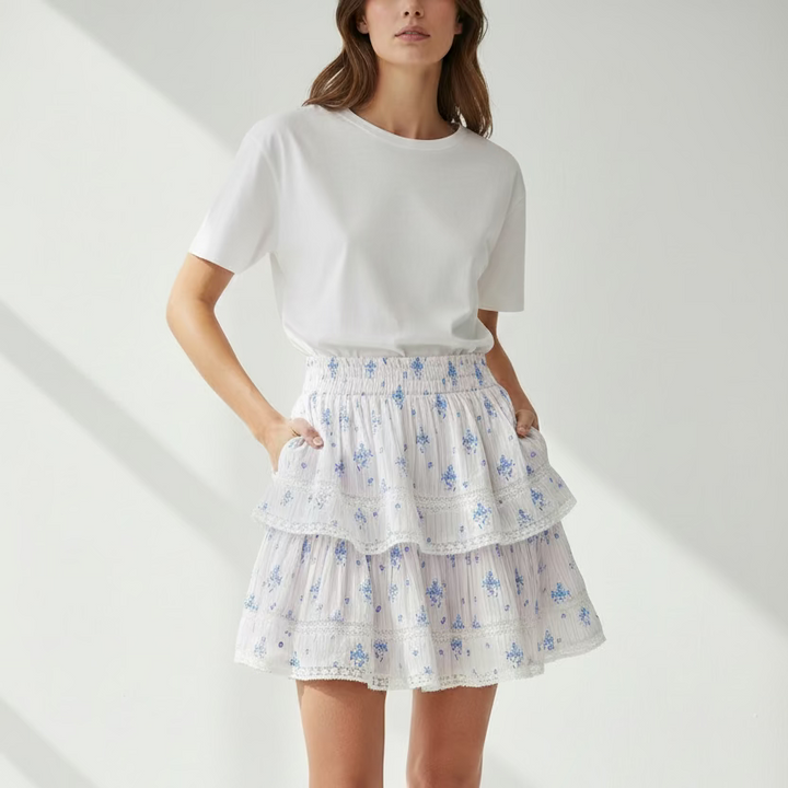 Love Shack Fancy Ruffle Skirt - Floral Pink/Blue Bonnet - Skorzie