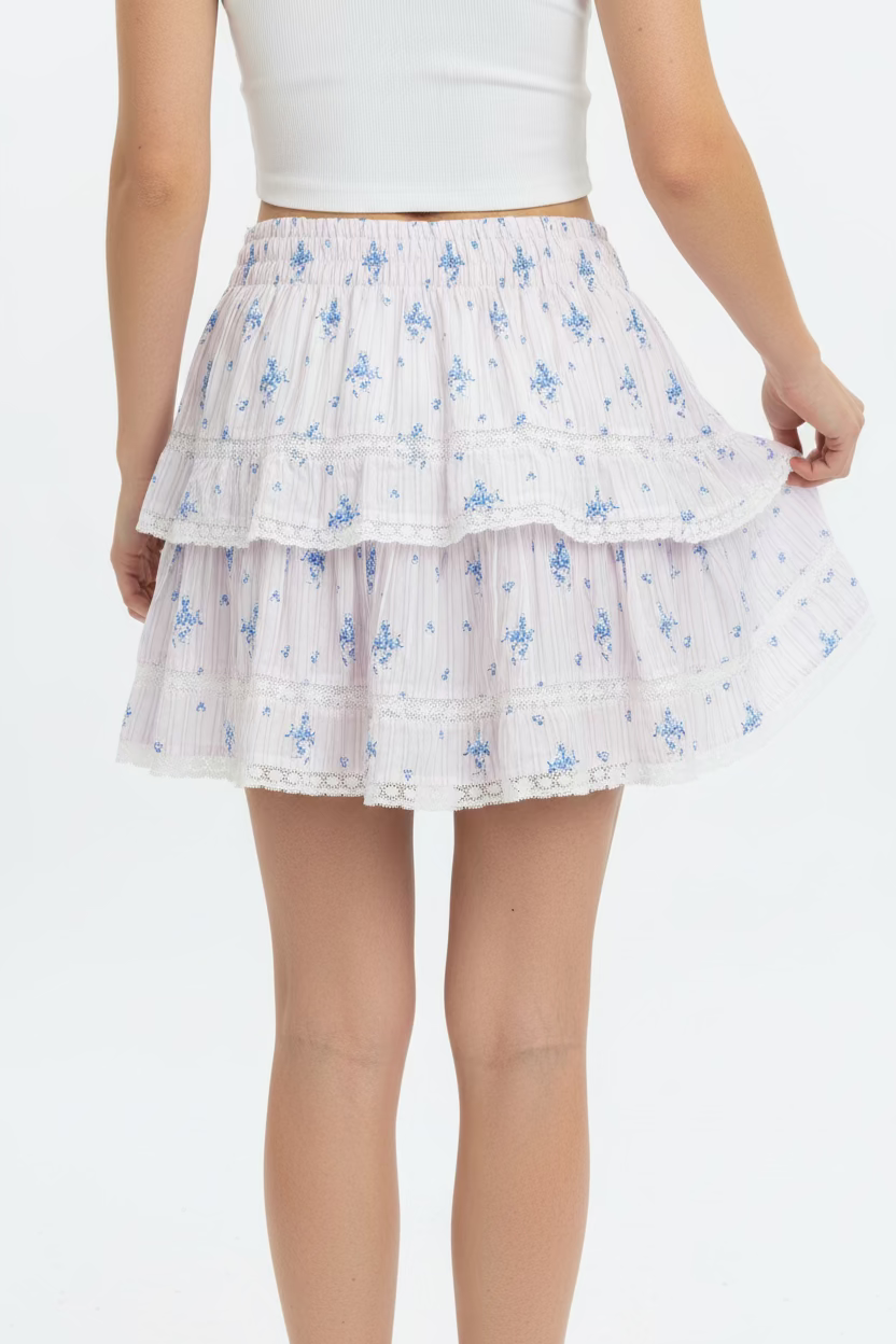Love Shack Fancy Ruffle Skirt - Floral Pink/Blue Bonnet - Skorzie