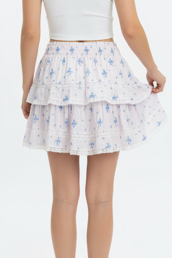 Love Shack Fancy Ruffle Skirt - Floral Pink/Blue Bonnet - Skorzie
