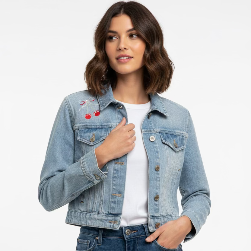 Love Shack Fancy Crop Denim Cherry Jacket - Skorzie