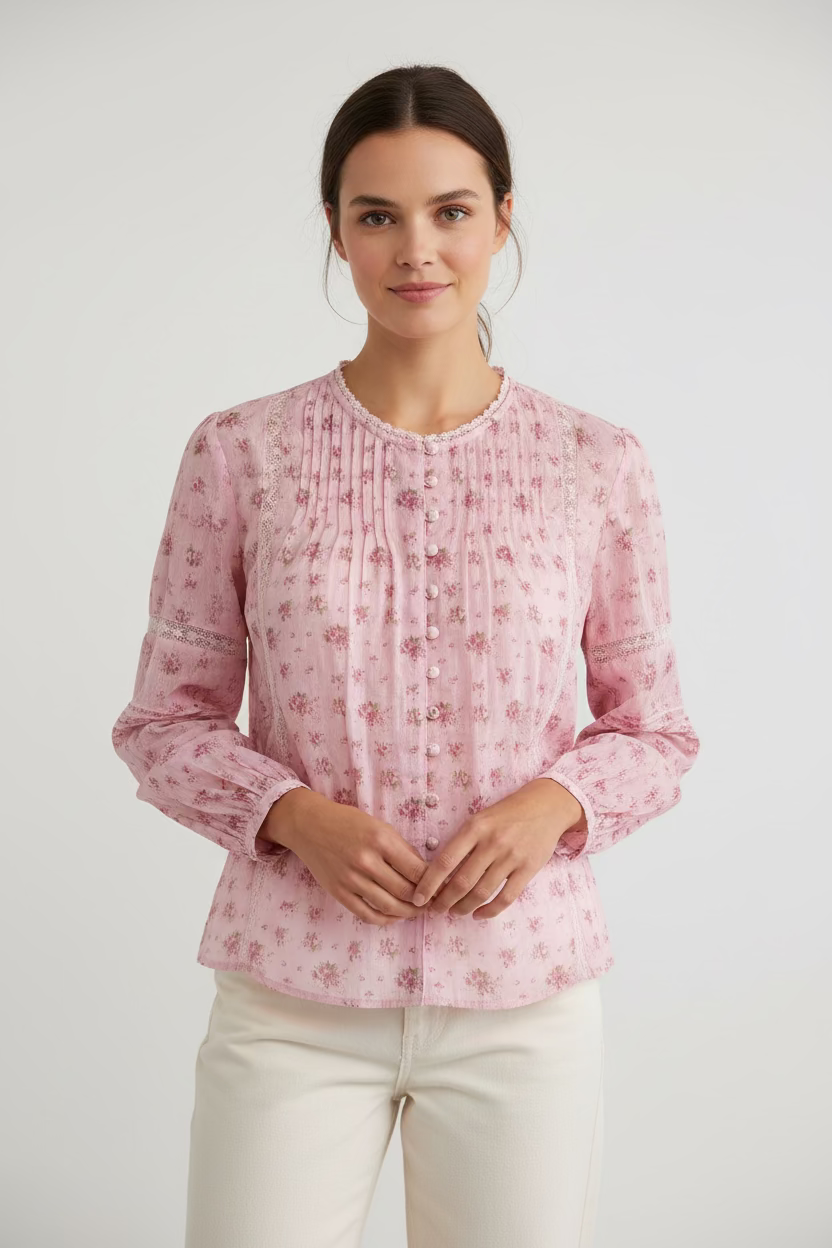 Love Shack Fancy Long Sleeve Lita Top - Pink Garden - Skorzie