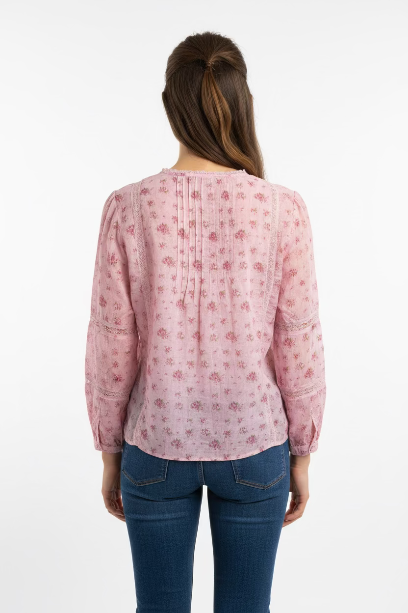 Love Shack Fancy Long Sleeve Lita Top - Pink Garden - Skorzie