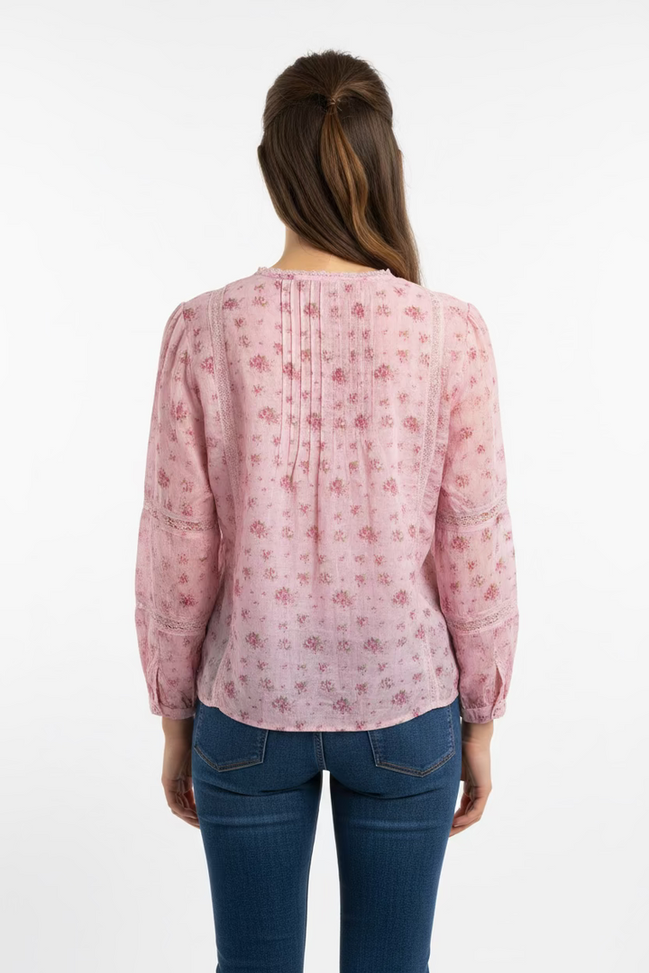 Love Shack Fancy Long Sleeve Lita Top - Pink Garden - Skorzie