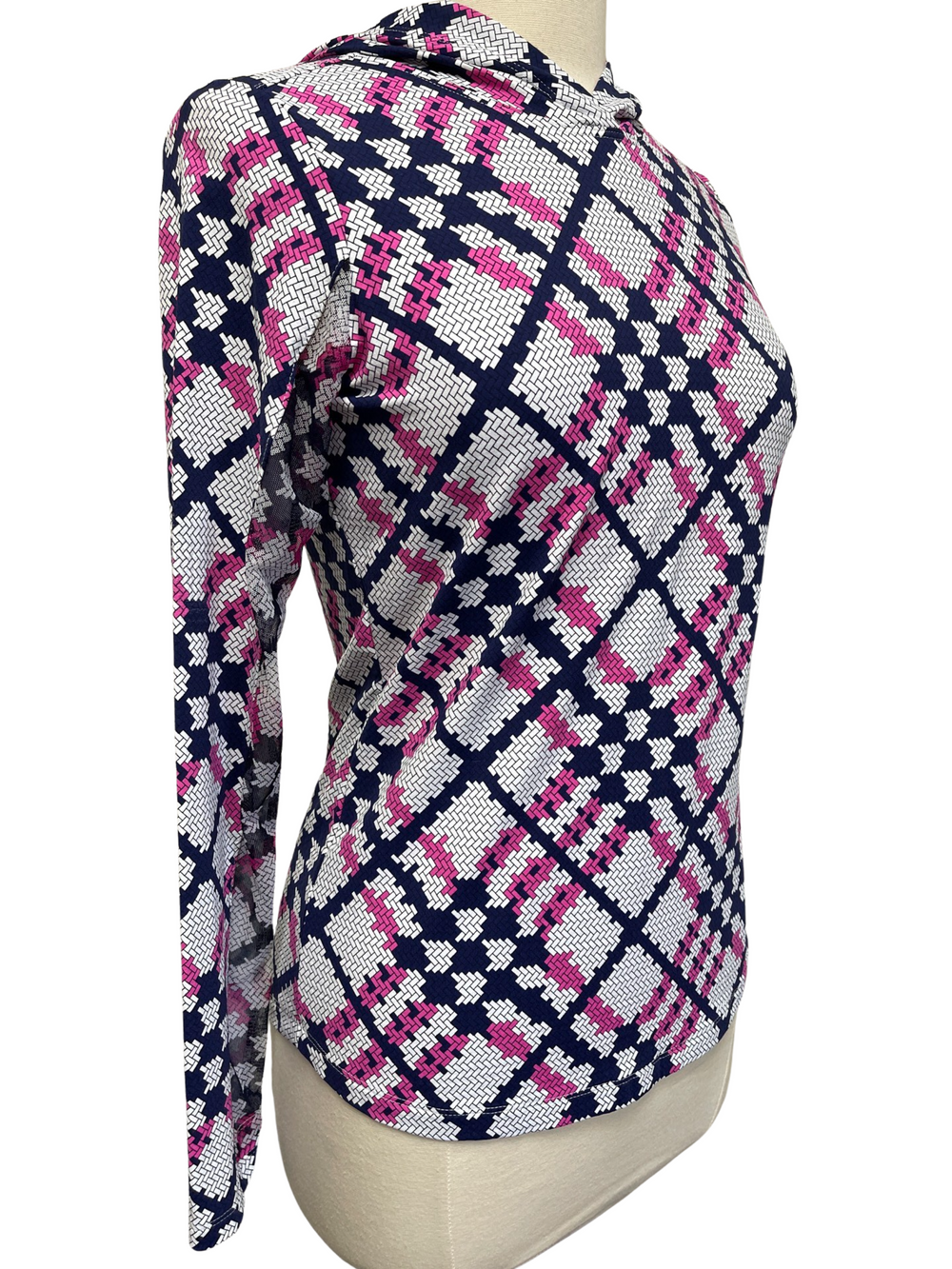 IBKUL Sonika Print Hooded Long Sleeve- Pink/Navy - Size Small - Skorzie
