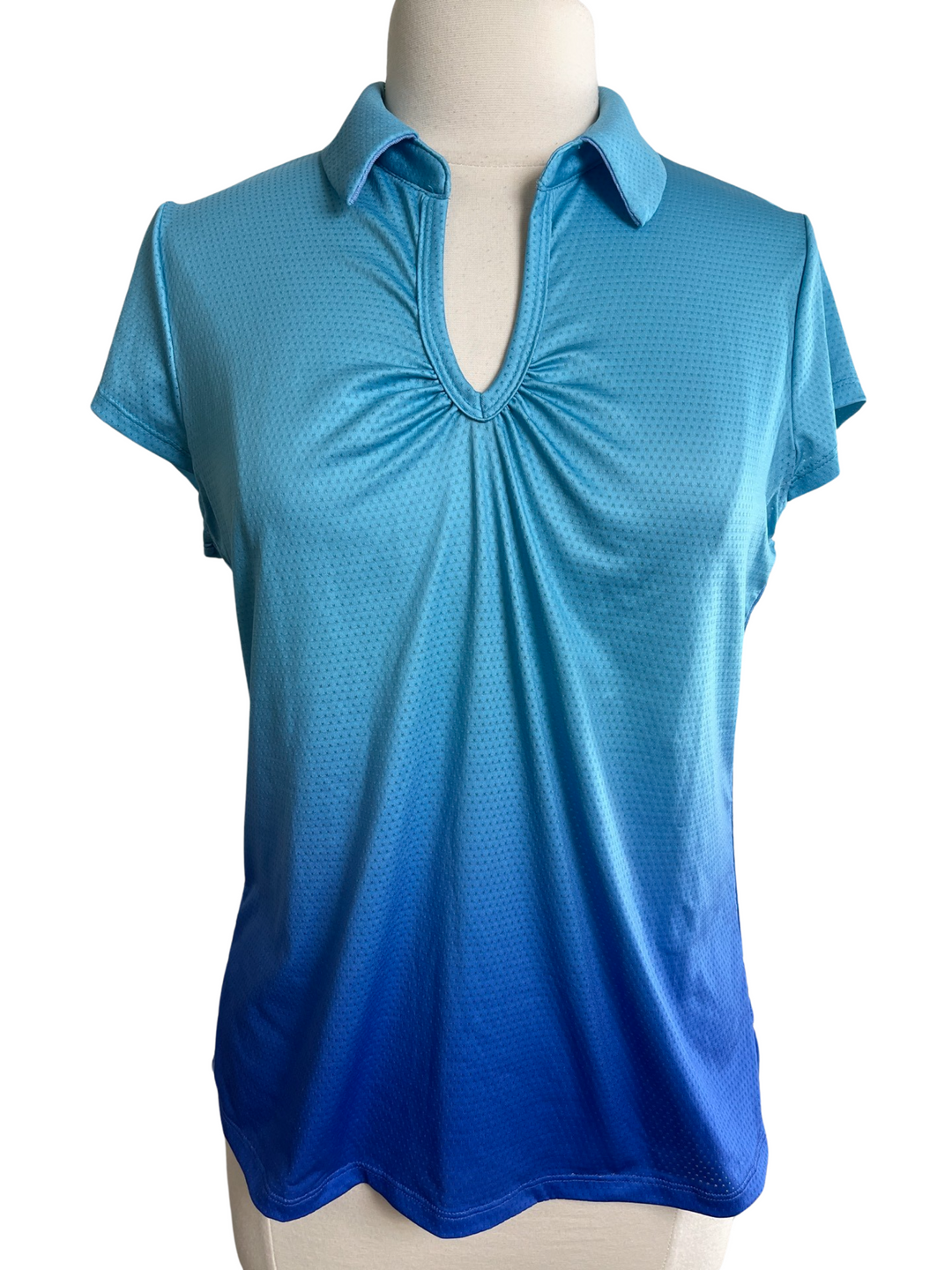 Lucky in Love Blue Ombre Ruched V Neck Cap Sleeve- Large - Skorzie
