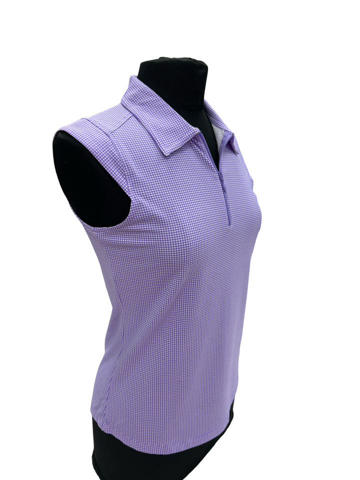 IBKUL Lavender Gingham Check Sleeveless Polo- Small