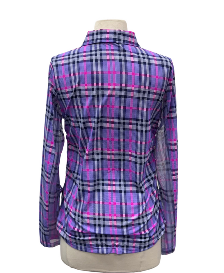 IBKUL Judith Print Adjustable Length Long Sleeve Polo - Lavender/Hot Pink - Small - Skorzie