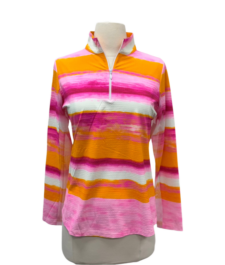 IBKUL Amy Print Long Sleeve Mock Neck Top - Hot Pink/Orange Peel - Small - Skorzie