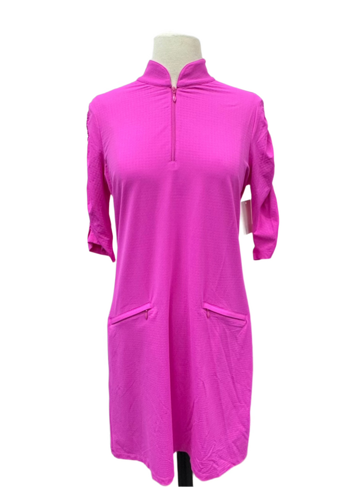 IBKUL Solid Ruched Elbow Sleeve Dress  - Hot Pink - Small - Skorzie