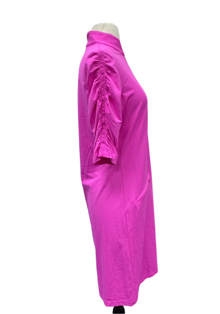 IBKUL Solid Ruched Elbow Sleeve Dress  - Hot Pink - Small - Skorzie