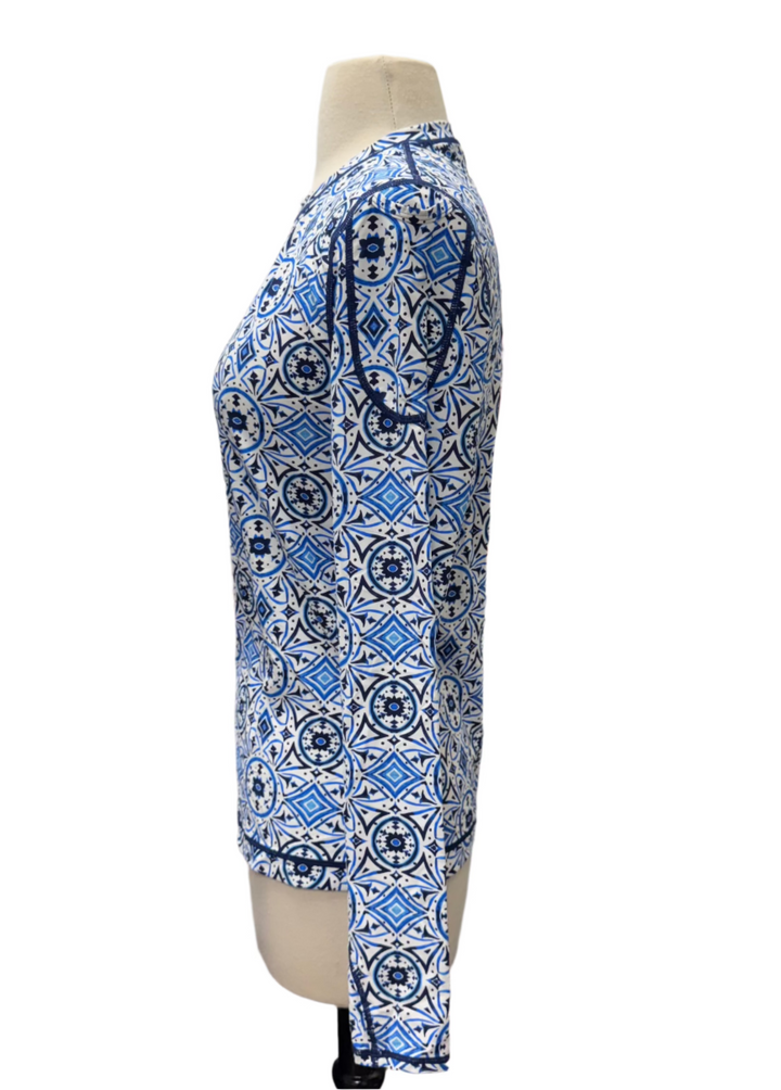 Bloq UV Moroccan Tiles Swim Rash Guard Top - Blue - Small - Skorzie