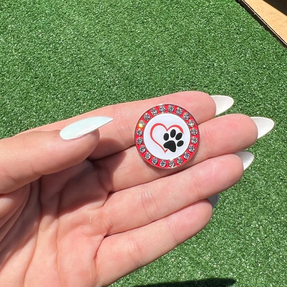 Golf America Magnetic Crystal Ball Marker - Dog Paw Love W/ Red Brim - Skorzie