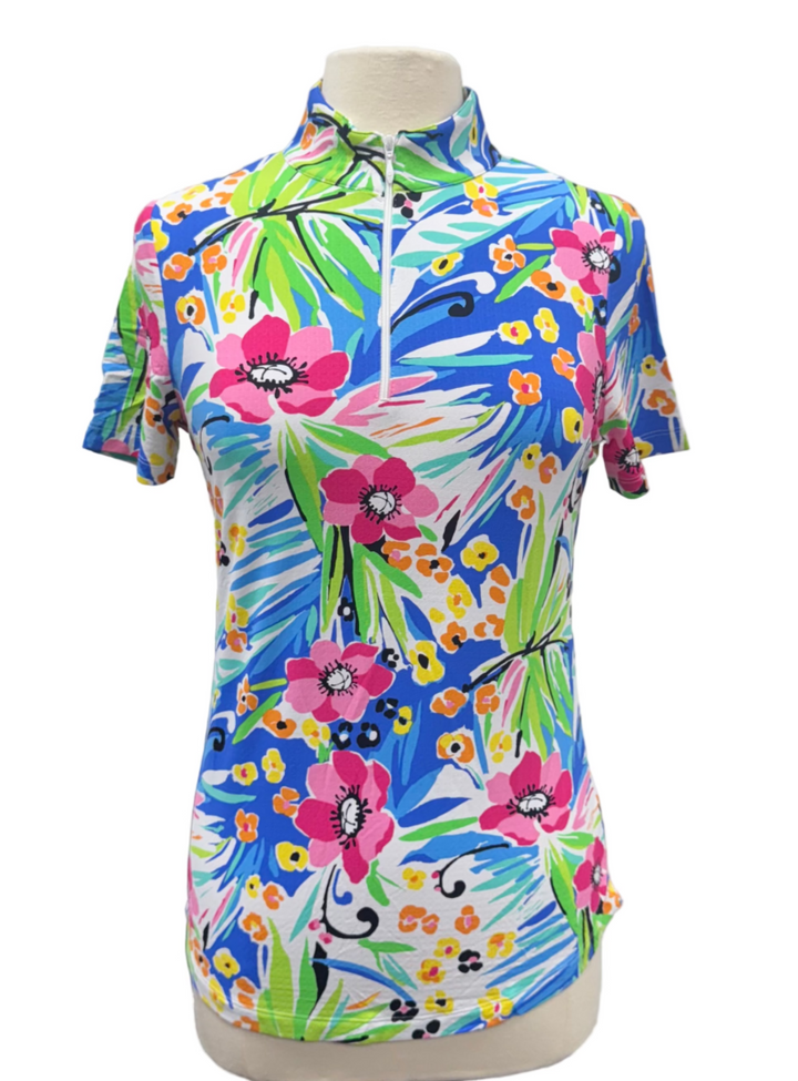 IBKUL Short Sleeve Pattern Mock Neck Top - Tropical/White - Small - Skorzie