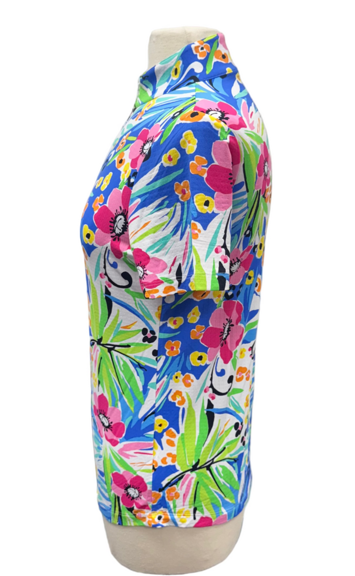 IBKUL Short Sleeve Pattern Mock Neck Top - Tropical/White - Small - Skorzie