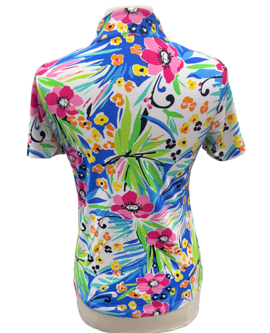 IBKUL Short Sleeve Pattern Mock Neck Top - Tropical/White - Small - Skorzie