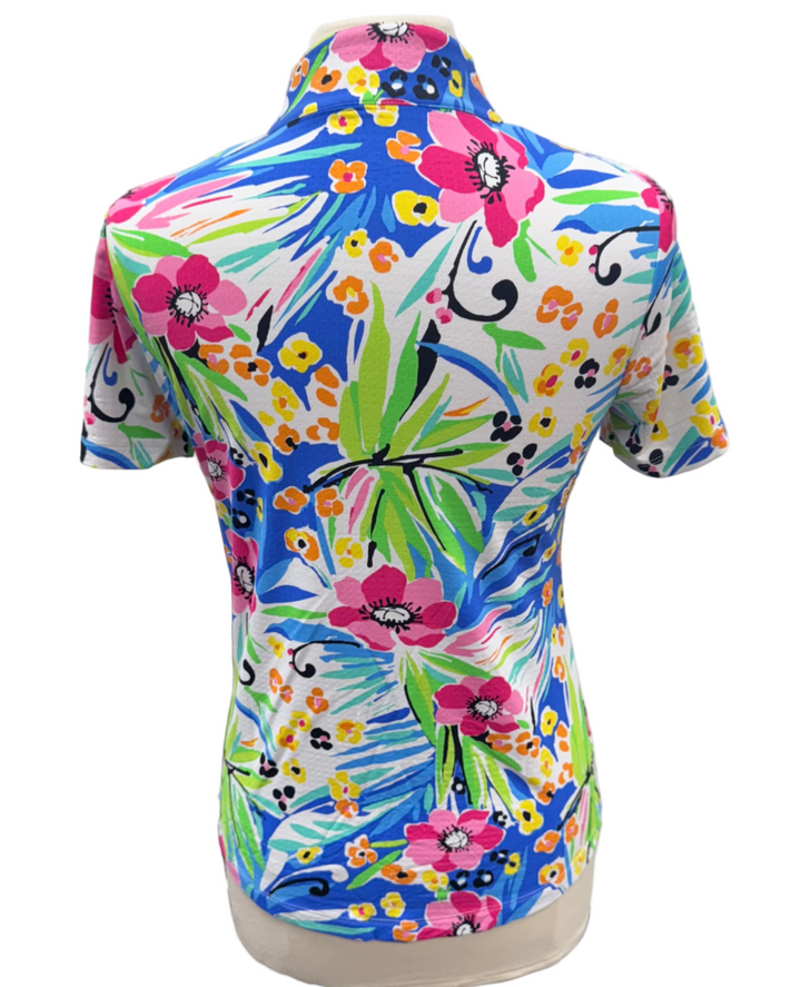 IBKUL Short Sleeve Pattern Mock Neck Top - Tropical/White - Small - Skorzie