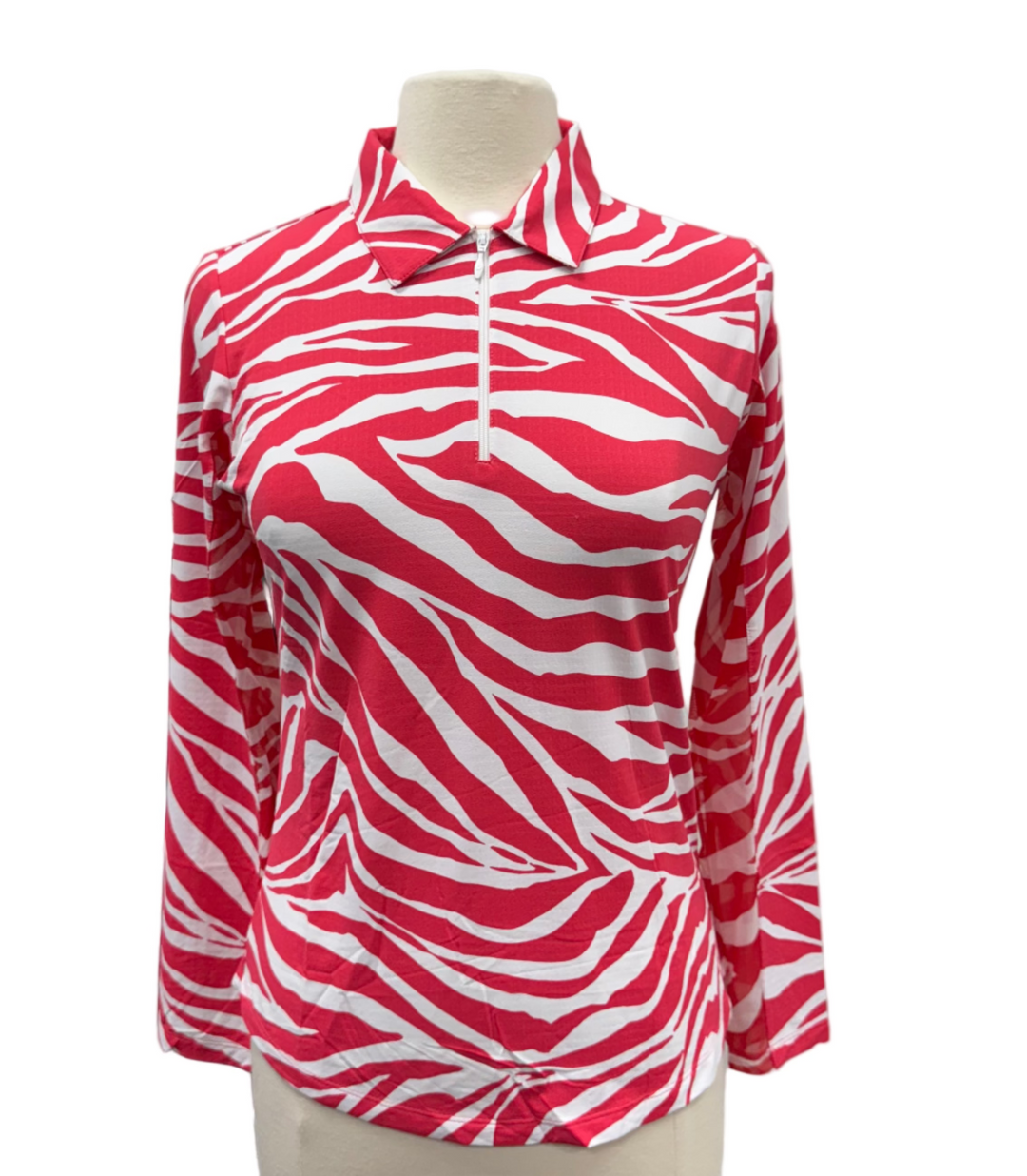 IBKUL Long Sleeve Zip Zebra Polo Top - Red/White - Small - Skorzie