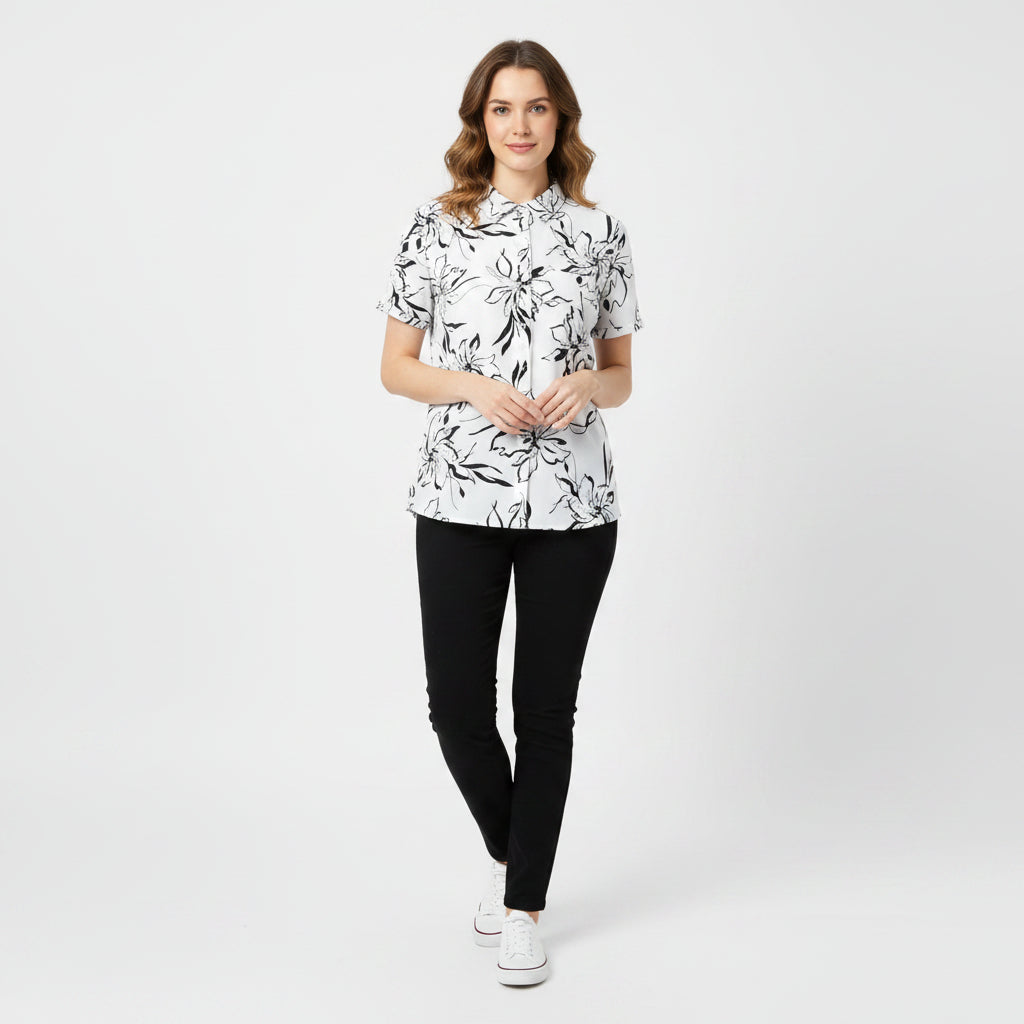 G/FORE Womens Short Sleeve Floral Button Polo - Snow/Onyx