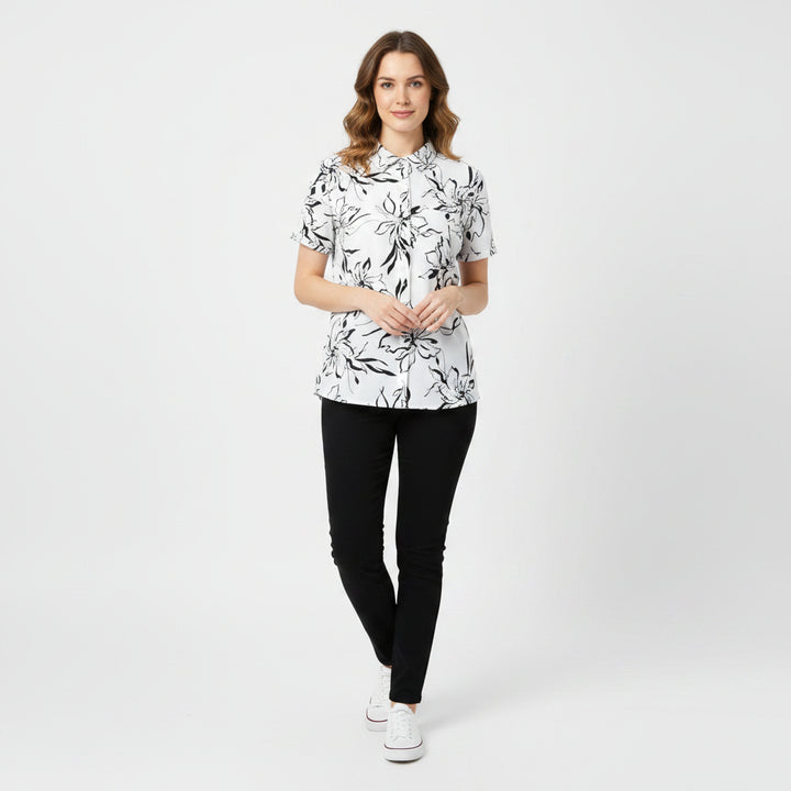 G/FORE Womens Short Sleeve Floral Button Polo - Snow/Onyx
